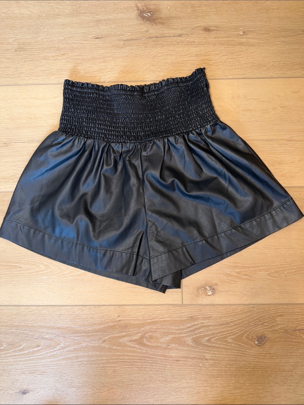 TCEC High-Waist Black Faux Leather Shorts with Smocked Waist